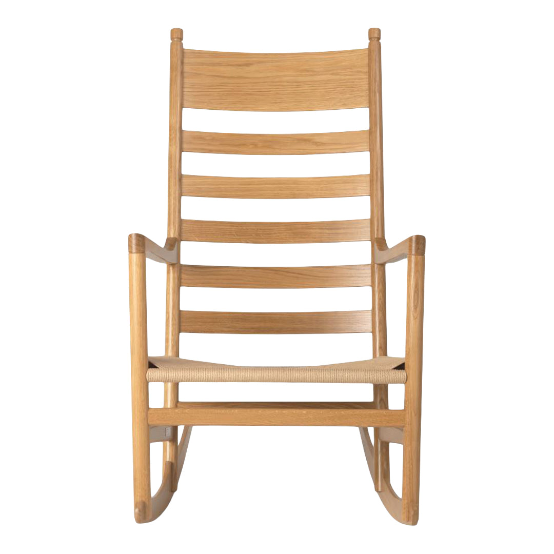 Natural wood rocking chair with elegant slatted design, showcasing smooth beige tones and minimalist style.
