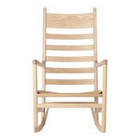 Natural wooden rocking chair with a minimalist design and horizontal slat pattern in light oak finish.