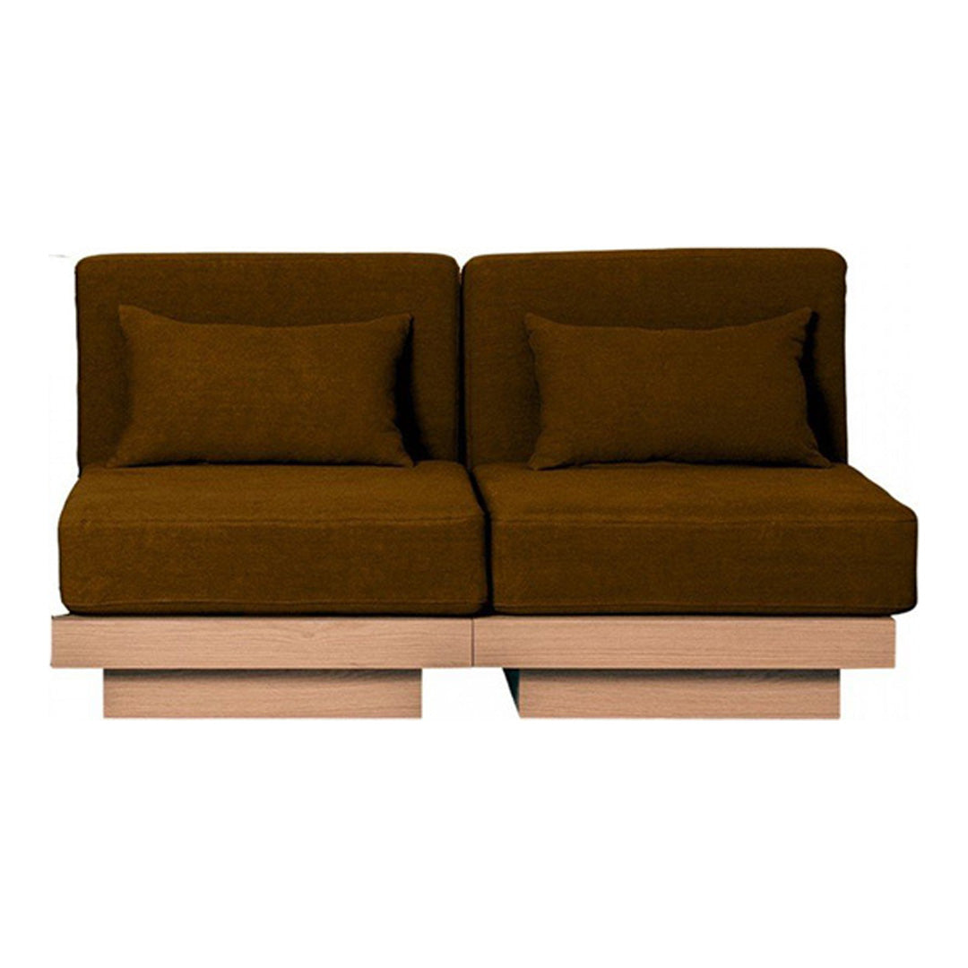 Brown fabric sofa with matching cushions and a minimalist light wood base, perfect for modern living spaces.