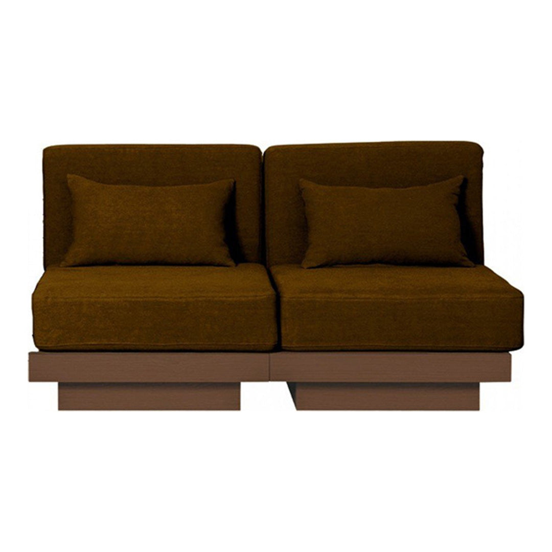 Brown two-seater sofa with textured cushions and a modern wooden base, perfect for contemporary interiors.