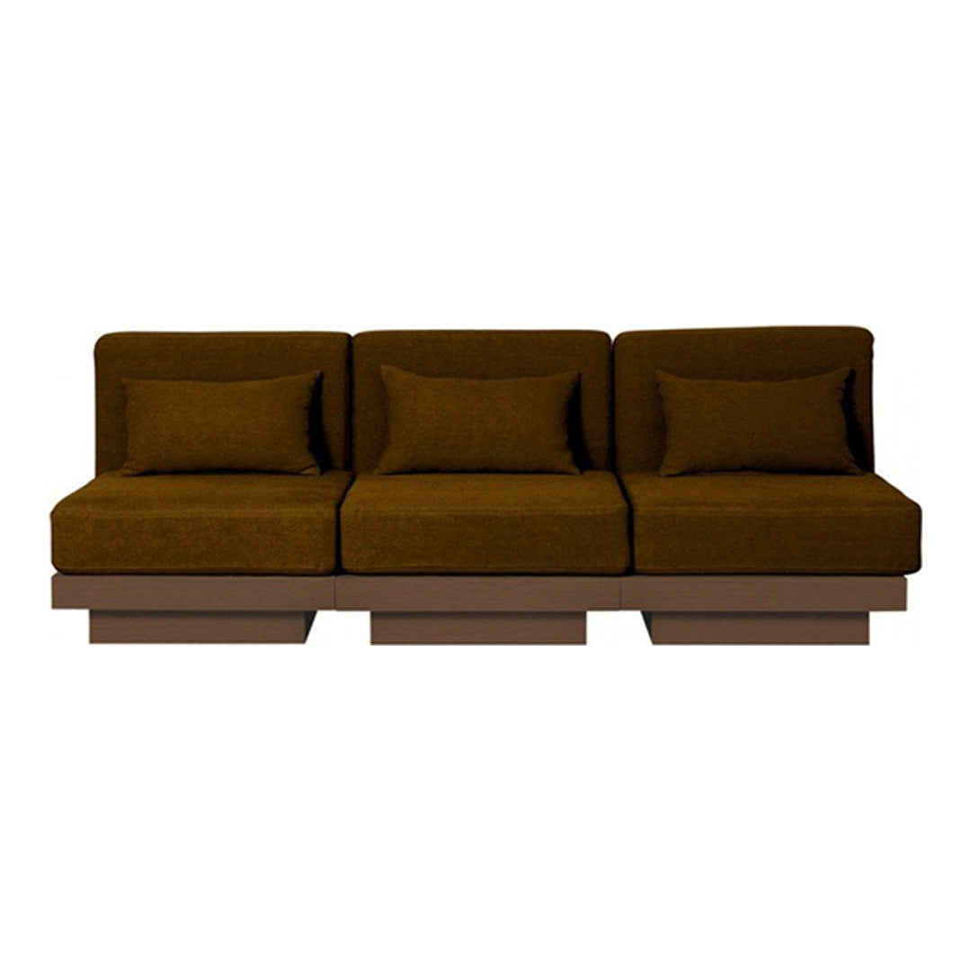 Brown upholstered sofa with a sleek modern design and soft rectangular cushions, ideal for contemporary living spaces.