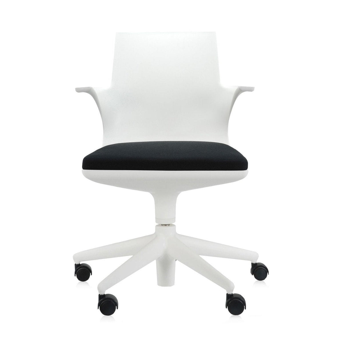 Modern white office chair with a sleek black seat cushion and a minimalist design, perfect for any workspace.