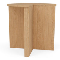 Light oak wood corner table with a smooth, natural finish and minimalist design. No patterns, just sleek lines.