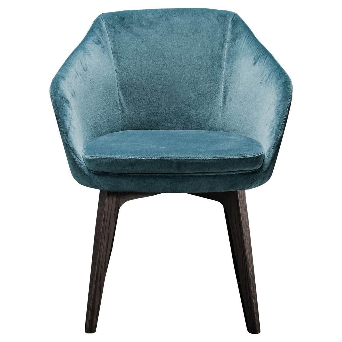 Stylish teal velvet armchair with a modern design and dark wooden legs, perfect for contemporary decor.