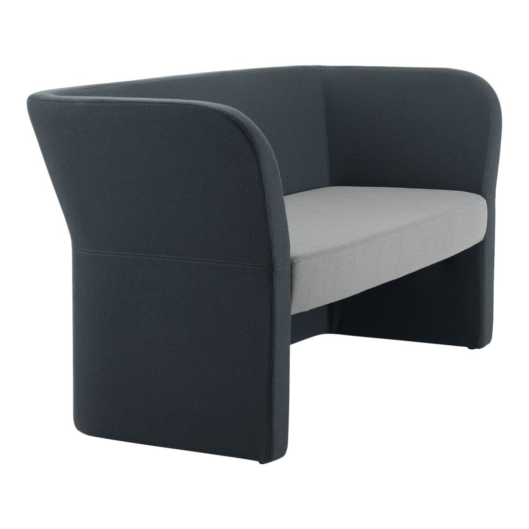 Gray and dark blue two-tone sofa with modern curved design, perfect for contemporary living spaces.