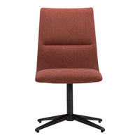 Modern rust-colored chair with a sleek black base. Textured fabric featuring a minimalist design. Perfect for contemporary spaces.