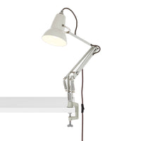 White metal desk lamp with a sleek design and adjustable arm, featuring a classic gray and brown cord.