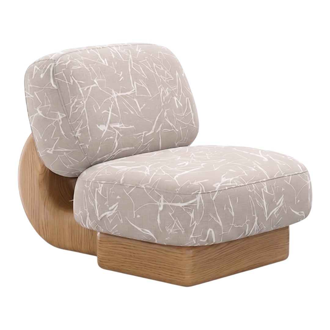 Light beige chair with abstract white patterns, featuring a smooth wooden base for a modern touch.