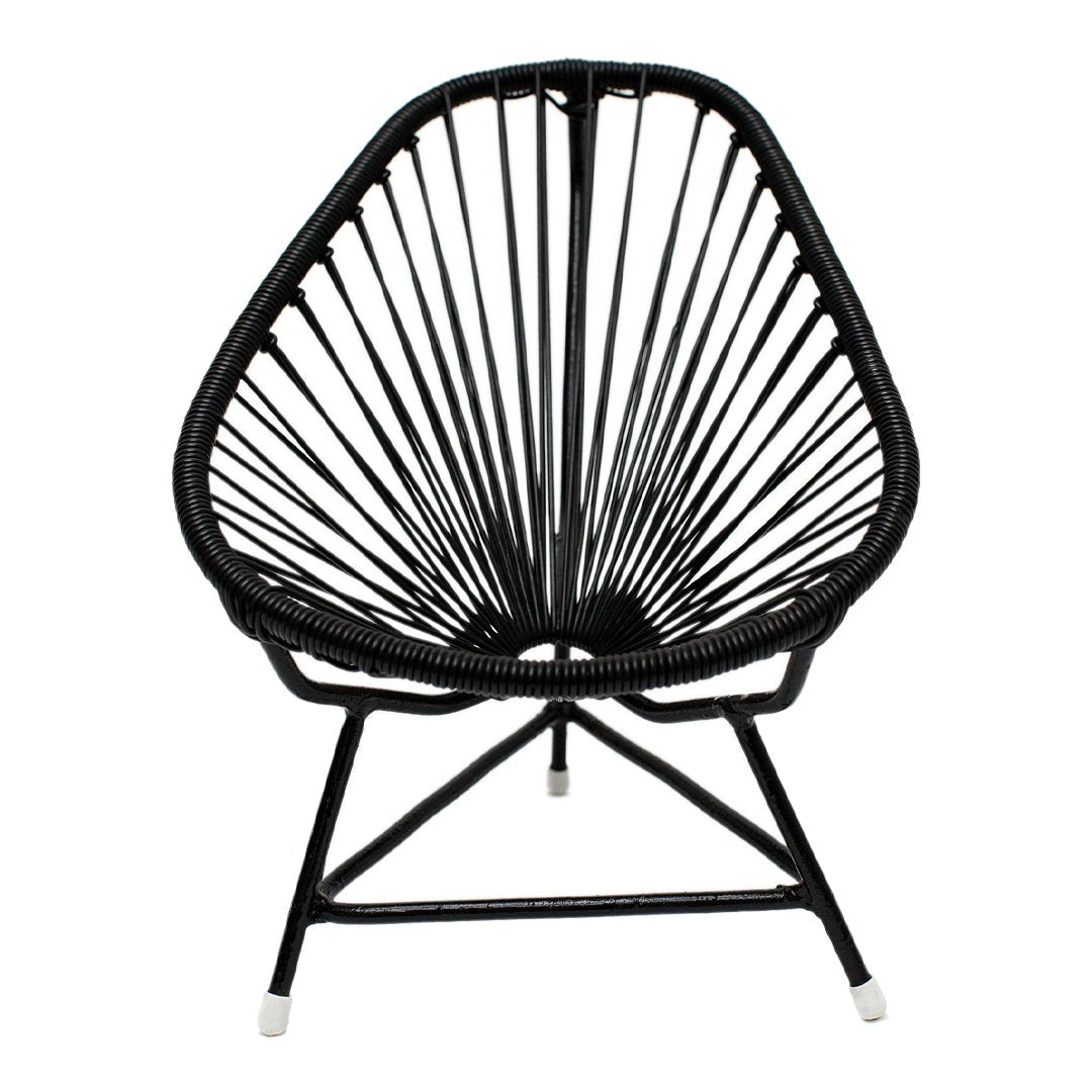 Black Acapulco chair featuring a unique geometric pattern with sleek lines and modern design. Perfect for stylish decor.