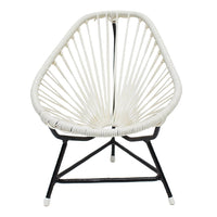 White woven chair with black metal frame, featuring a unique organic pattern and modern design. Ideal for stylish decor.