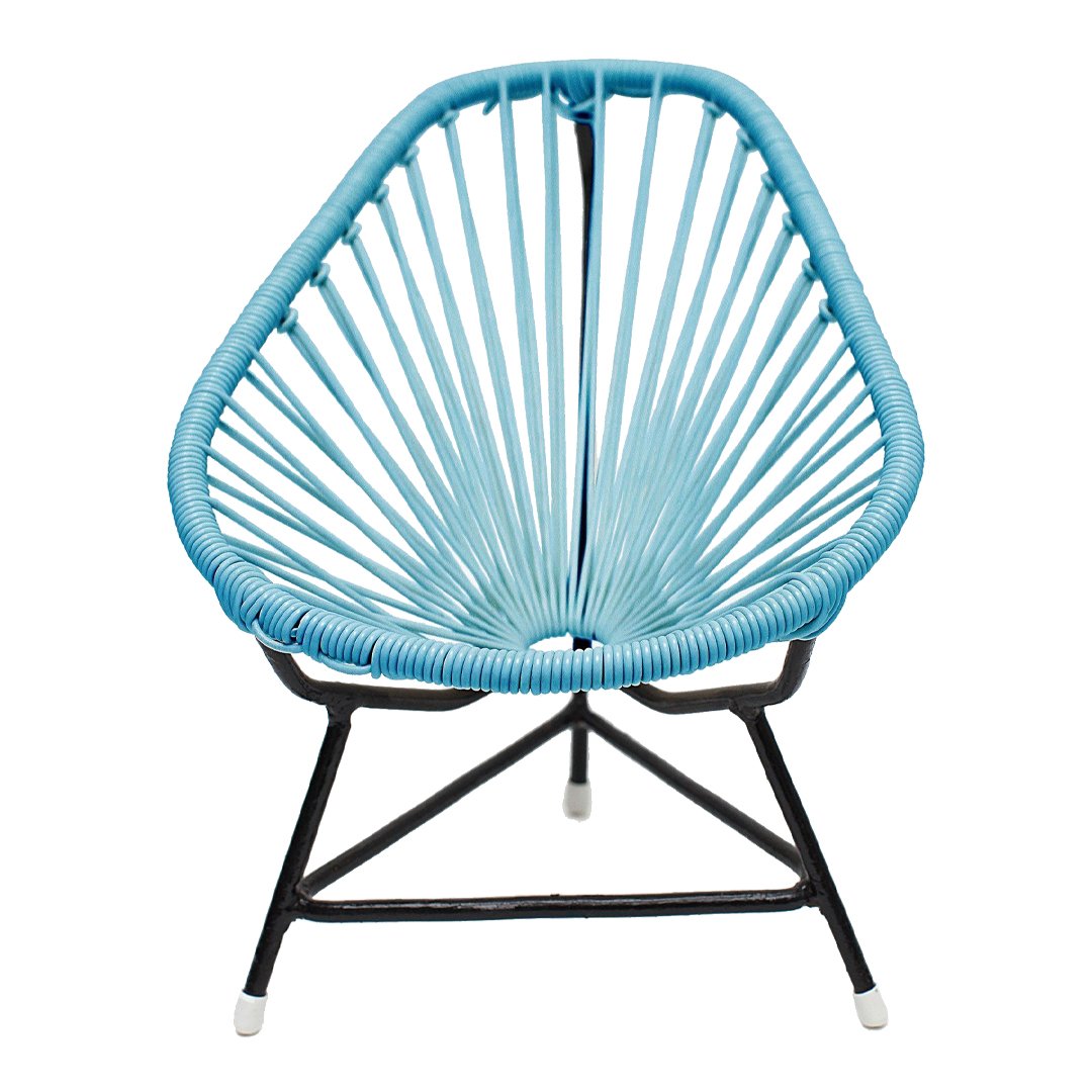 Blue woven chair with a unique geometric pattern and black metal frame, perfect for modern decor.