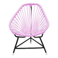 Pink woven chair with bold black metal legs, featuring a unique, modern geometric pattern.