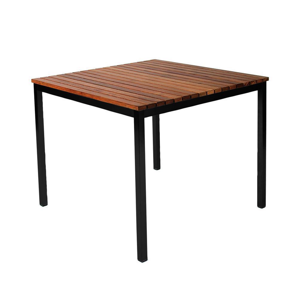 Square wooden table with a striped brown top and sleek black metal legs, perfect for modern dining spaces.