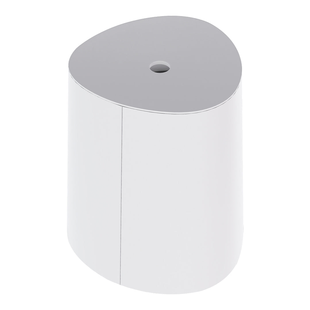 White cylindrical container with a gray triangular lid and a central hole, featuring a sleek, modern design.