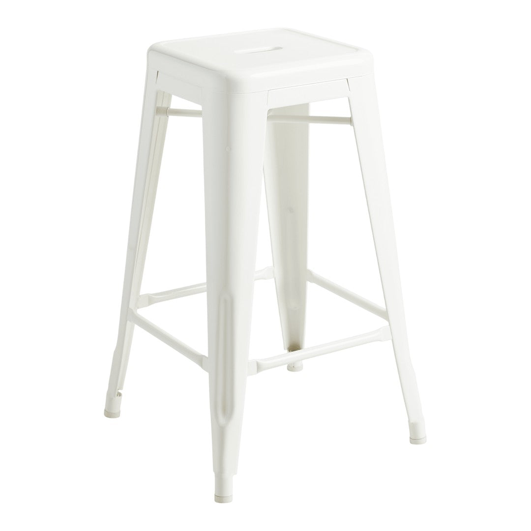 White metal bar stool with a sleek, minimalist design and smooth finish, perfect for modern interiors.
