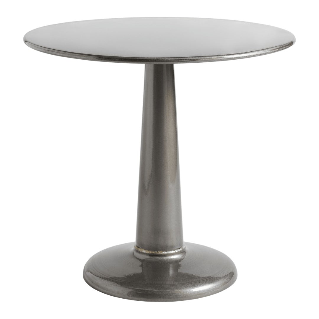 Sleek round gray dining table with a polished metallic finish and a modern cone-shaped pedestal. Ideal for contemporary spaces.