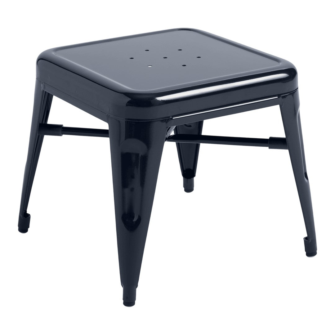 Black minimalist metal stool with a smooth finish and perforated top, featuring sleek, straight legs. Perfect for modern decor.