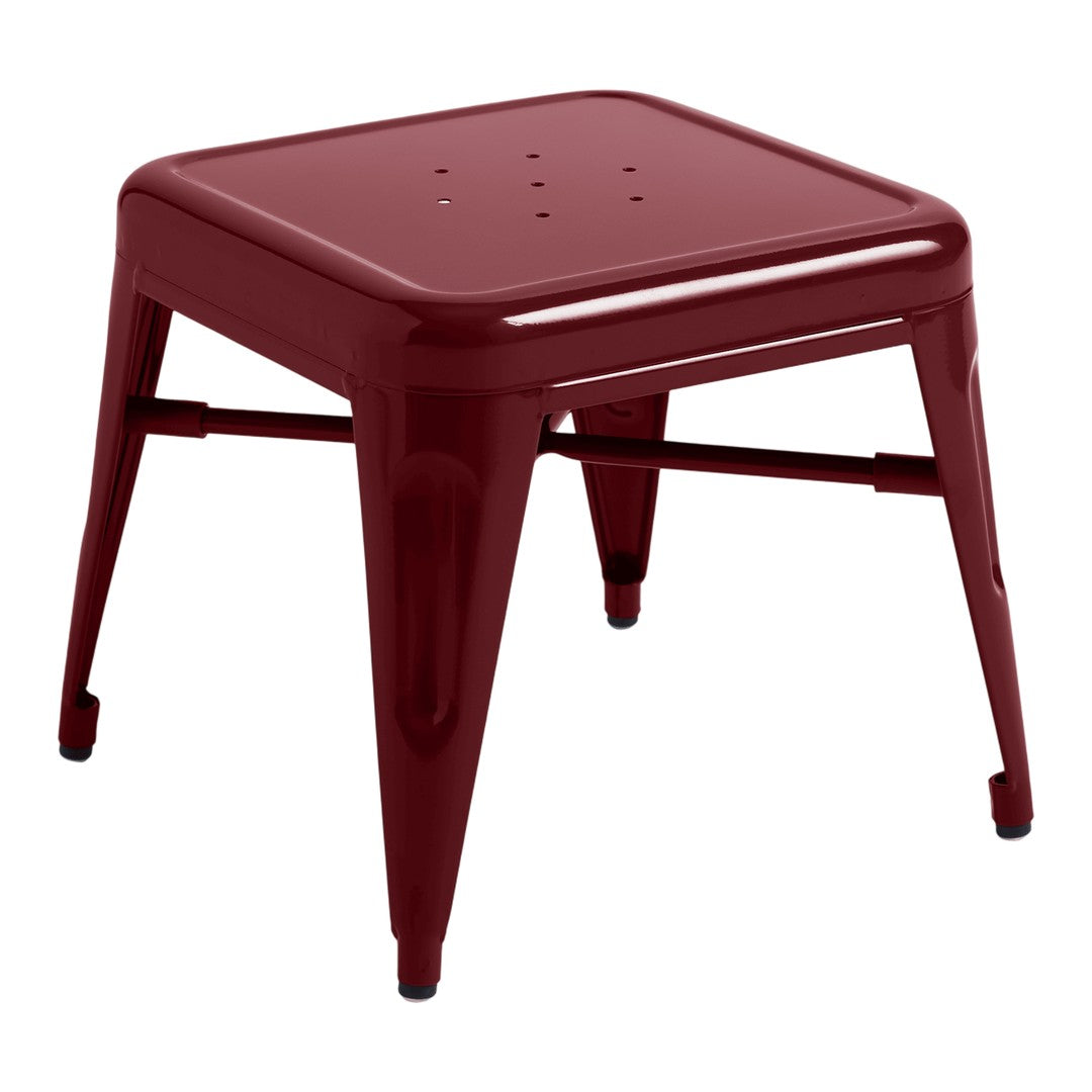 Rust-colored metal stool with a smooth, shiny finish and minimalist square design. Perfect for modern decor.
