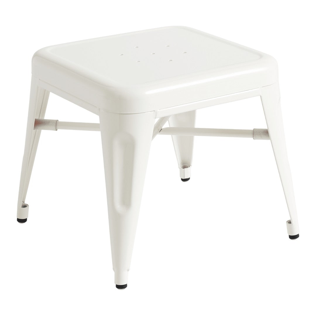 White metal stool with a sleek, minimalist design and a smooth, solid finish. Perfect for modern decor.