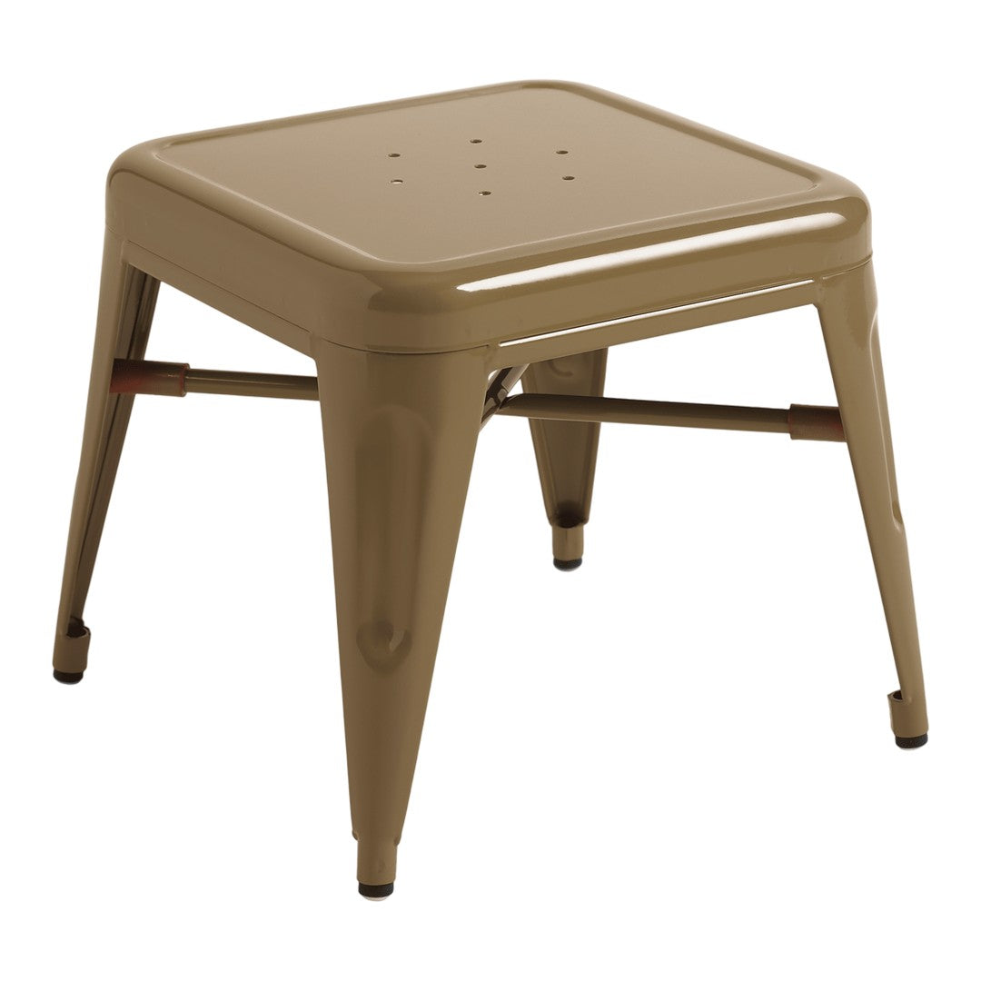 Beige metal stool with a sleek square design and perforated top, featuring a smooth, glossy finish and angular legs.