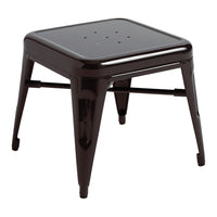 Glossy black metal stool with a square shape and perforated top, featuring sleek, modern lines.