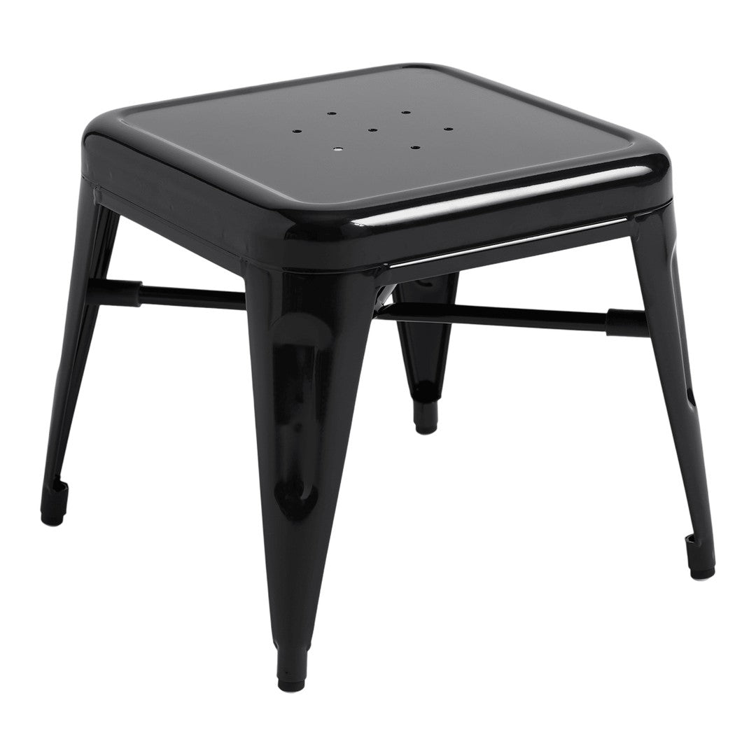 Glossy black metal stool with a square shape and perforated top, modern industrial design with sleek lines.