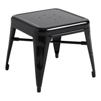 Glossy black metal stool with a square shape and perforated top, modern industrial design with sleek lines.
