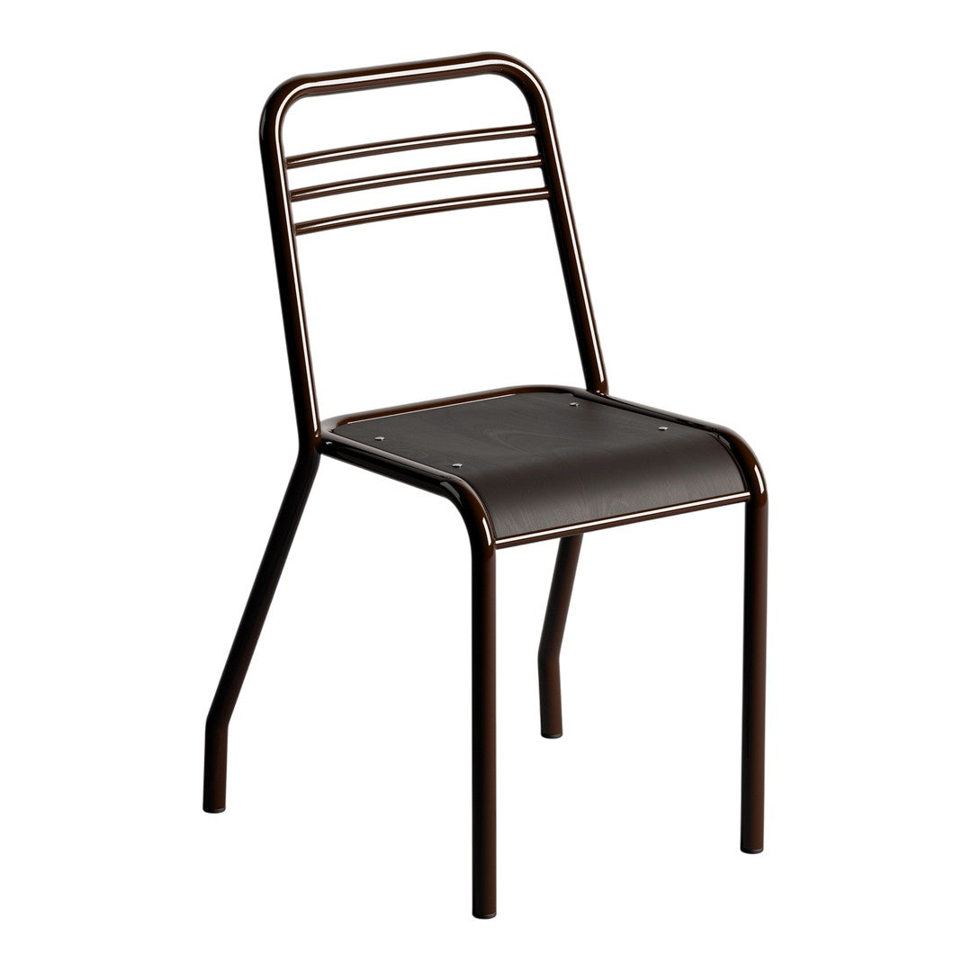 Brown metal chair with a sleek design and striped backrest, featuring a simple, minimalist black seat.