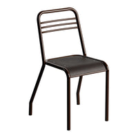 Brown metal chair with a sleek design and striped backrest, featuring a simple, minimalist black seat.