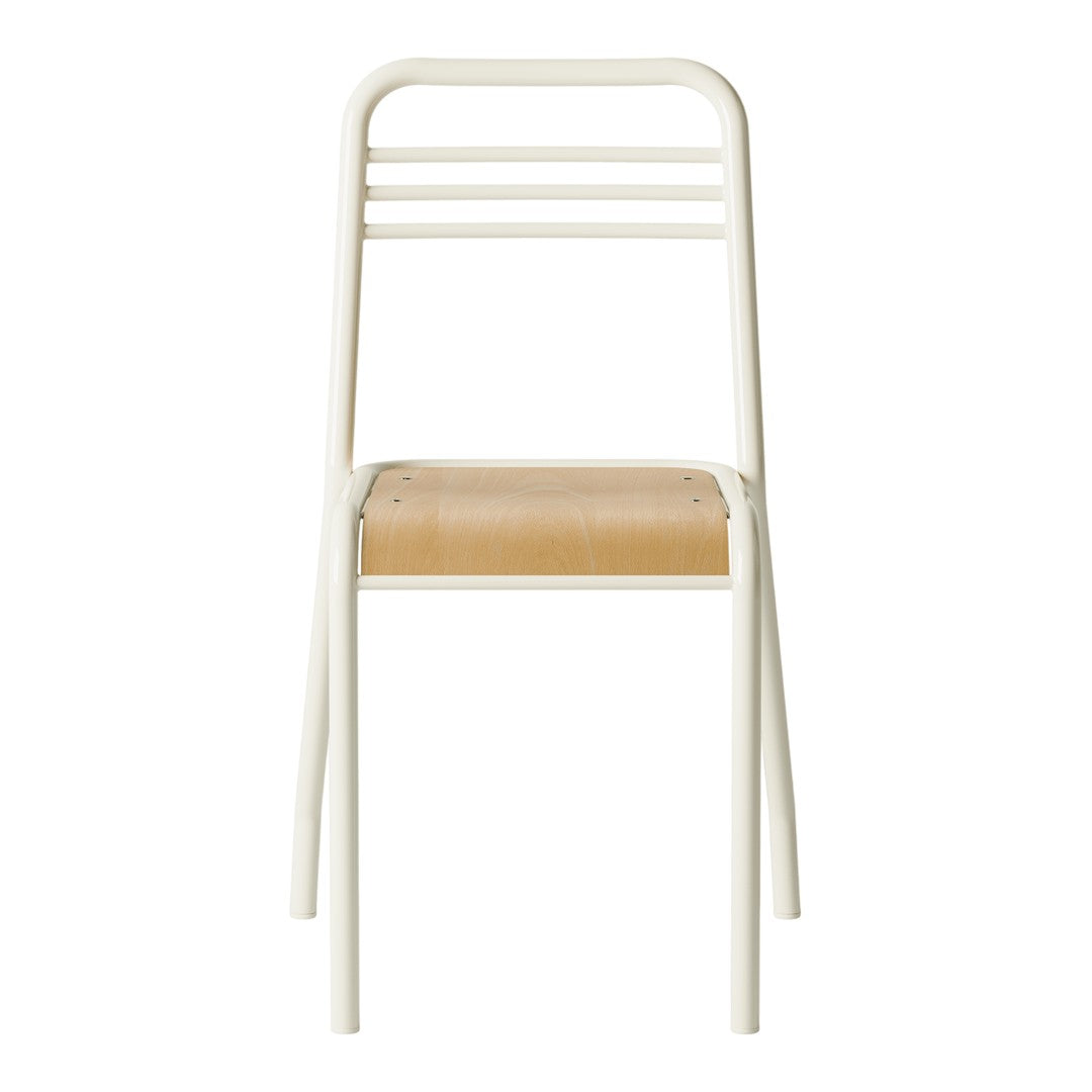 White chair with sleek lines and a natural wood seat, featuring a minimalist design and contemporary aesthetic.