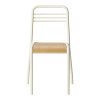 White chair with sleek lines and a natural wood seat, featuring a minimalist design and contemporary aesthetic.