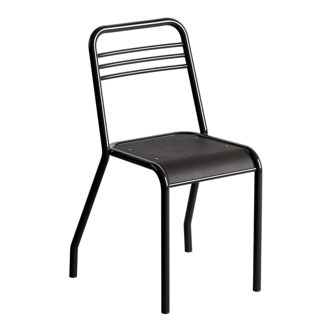 Black metal chair with a sleek design and minimalist striped backrest. Modern and stylish for any space.