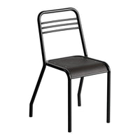 Black metal chair with a sleek design and minimalist striped backrest. Modern and stylish for any space.