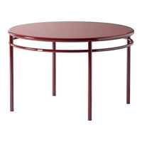 Round table featuring a sleek maroon top and minimalist metal frame. Perfect for modern decor.