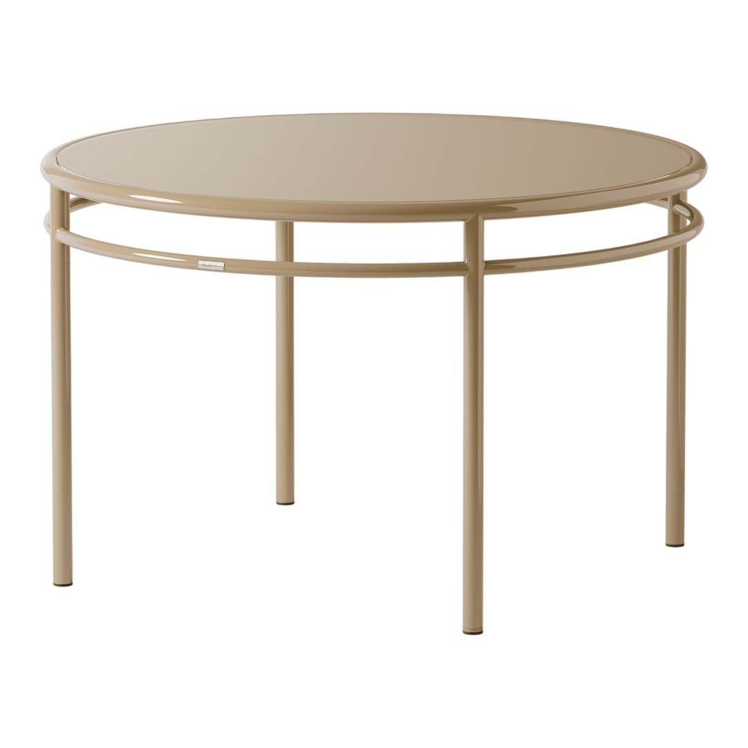 Beige round table with a smooth top and minimalist metal legs, perfect for modern decor.