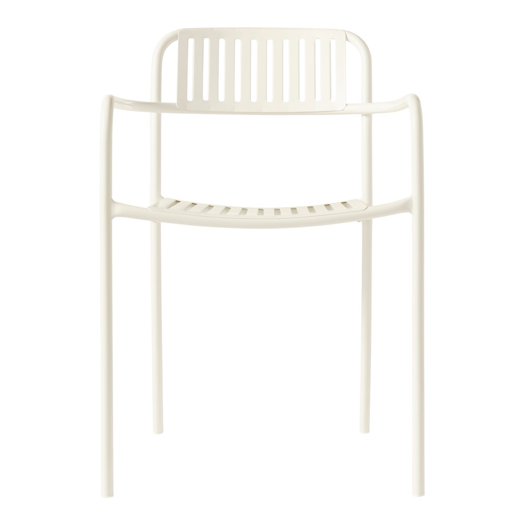 "Modern white chair with sleek lines and a minimalistic slatted design, perfect for contemporary decor."