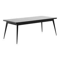 Sleek black rectangular table with a smooth surface and tapered legs, perfect for modern decor.