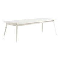 White modern dining table with sleek, minimalist design and tapered legs. Perfect for contemporary home decor.