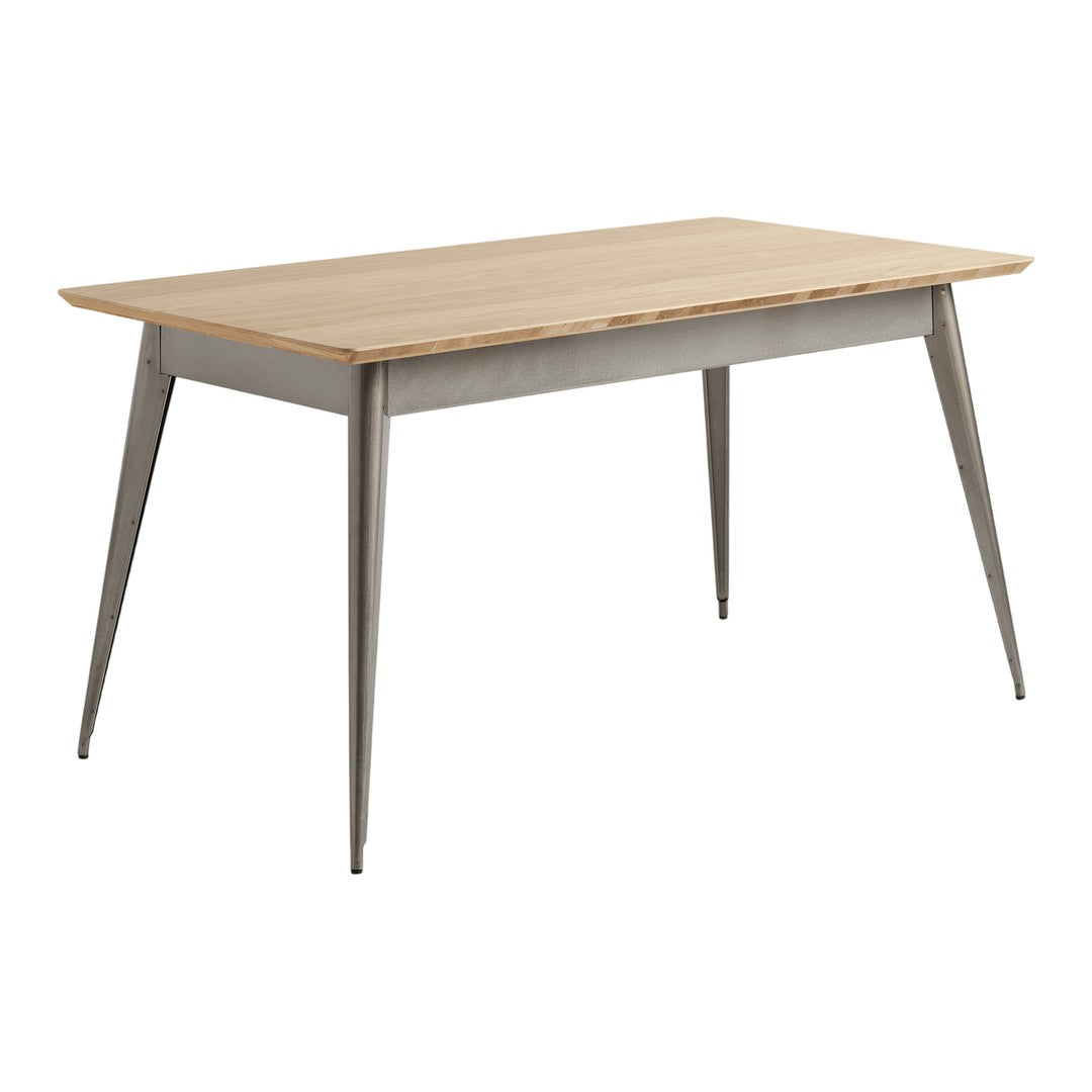 Light wood tabletop with sleek gray metal legs, showcasing a minimalist design and natural grain pattern.