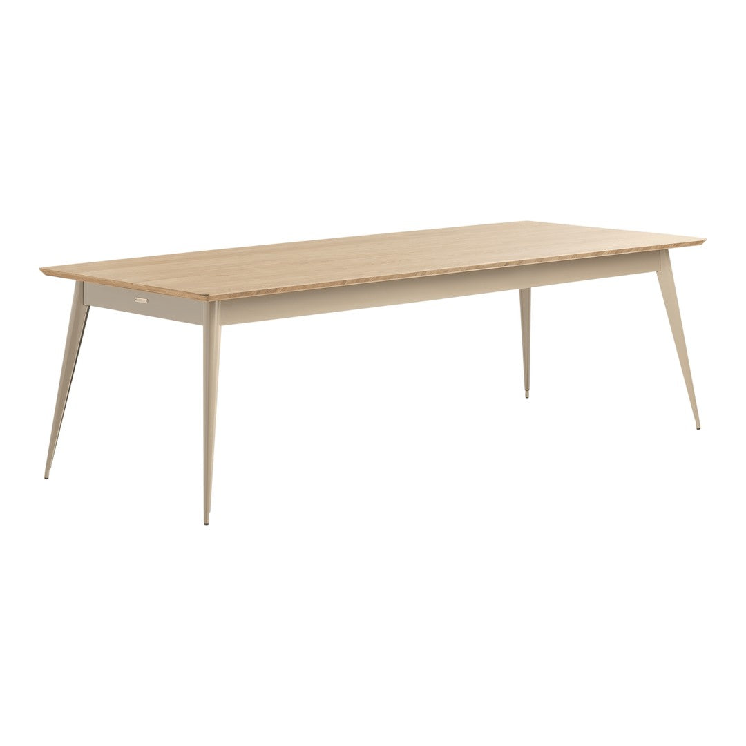 Light oak wood table with a smooth finish and natural grain pattern, featuring sleek, tapered legs in a neutral tone.