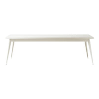"Minimalist white dining table with sleek, tapered legs and a smooth surface, perfect for modern decor."