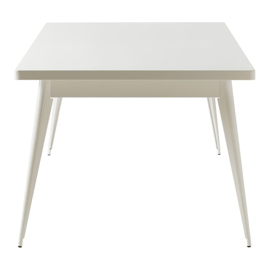 White square table with sleek, modern design and tapered legs, featuring a smooth, glossy finish.