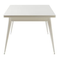 White square table with sleek, modern design and tapered legs, featuring a smooth, glossy finish.