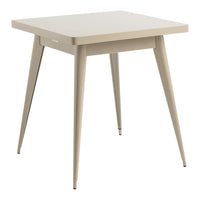 Light beige square table with sleek, minimalist design and tapered legs, perfect for modern decor.