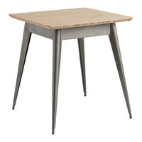 Wooden tabletop with natural finish and gray metal legs. Simple, modern design suitable for various decor styles.