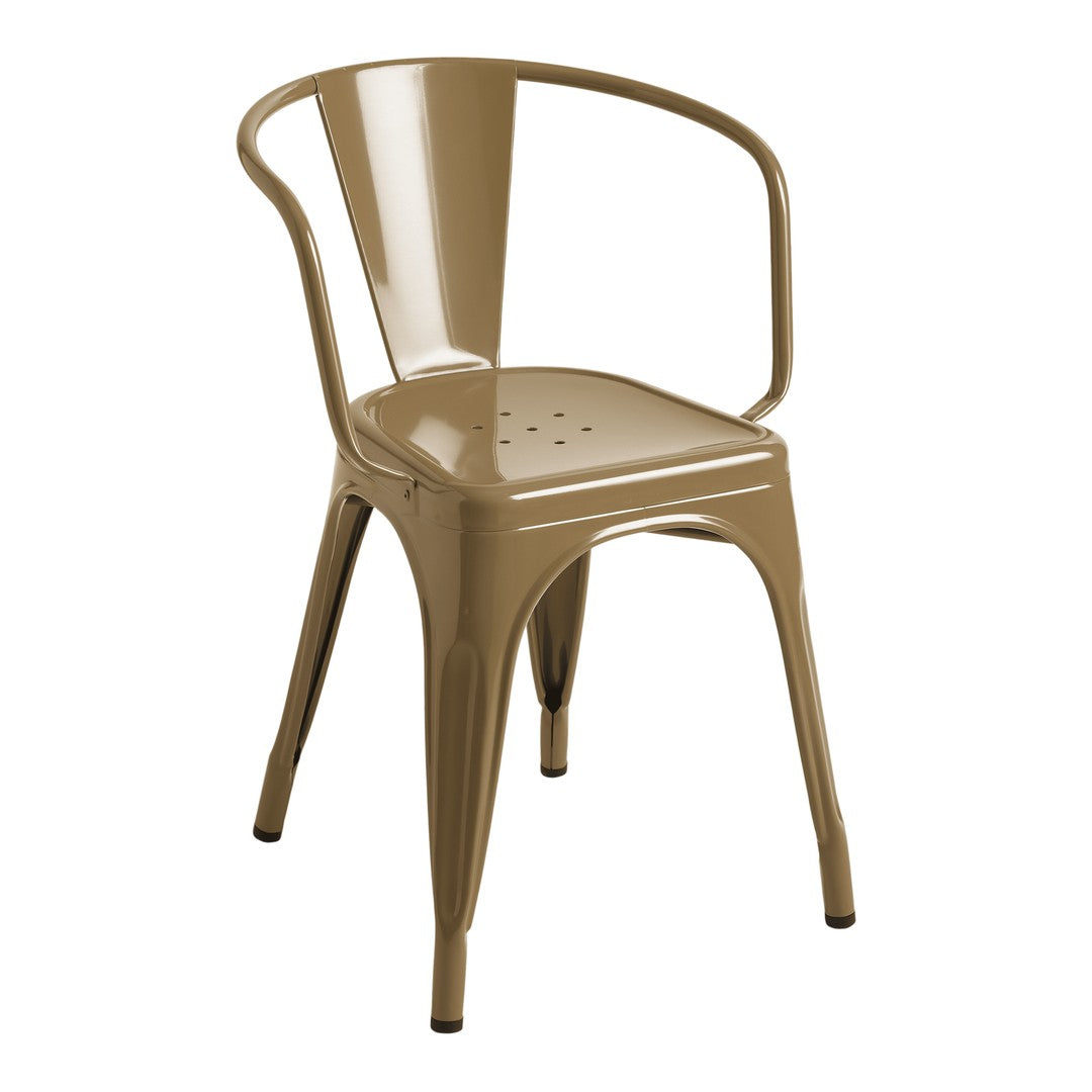 Sleek, tan metal chair with a modern design and subtle perforated seat pattern, perfect for versatile decor.