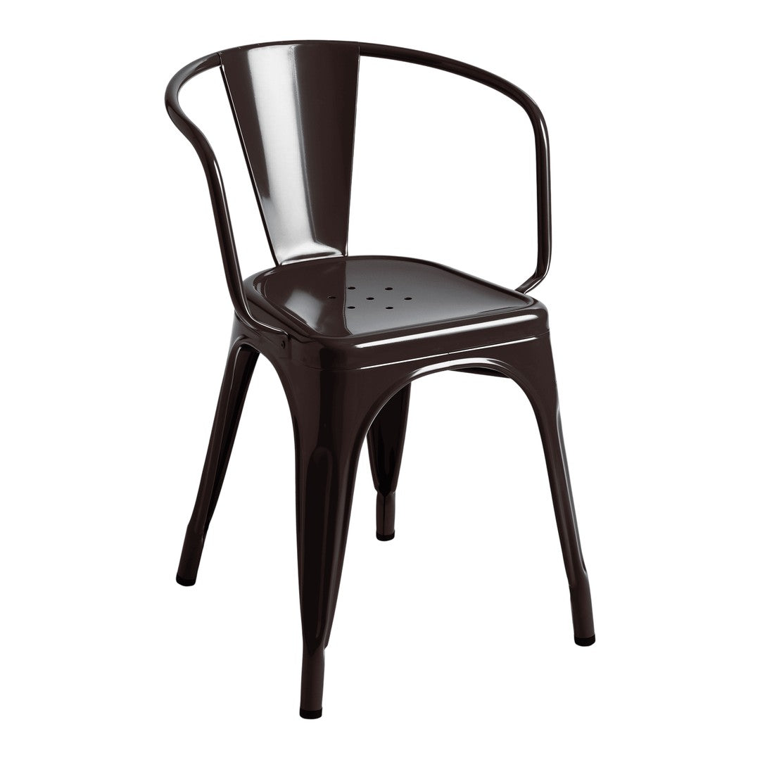 Glossy dark brown metal chair with a classic design and perforated seat, perfect for stylish dining or outdoor use.
