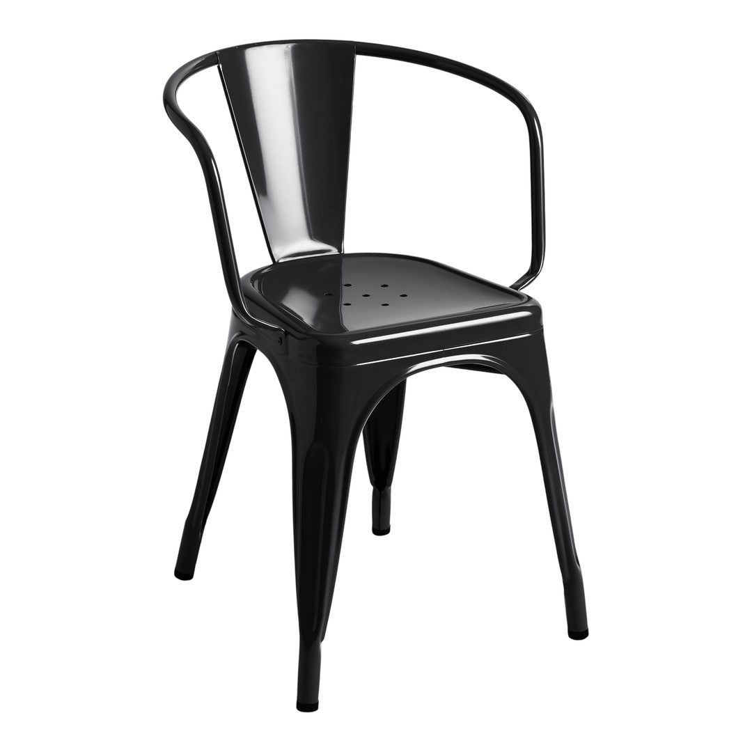 Glossy black metal chair with a minimalist design and perforated seat, perfect for modern decor.