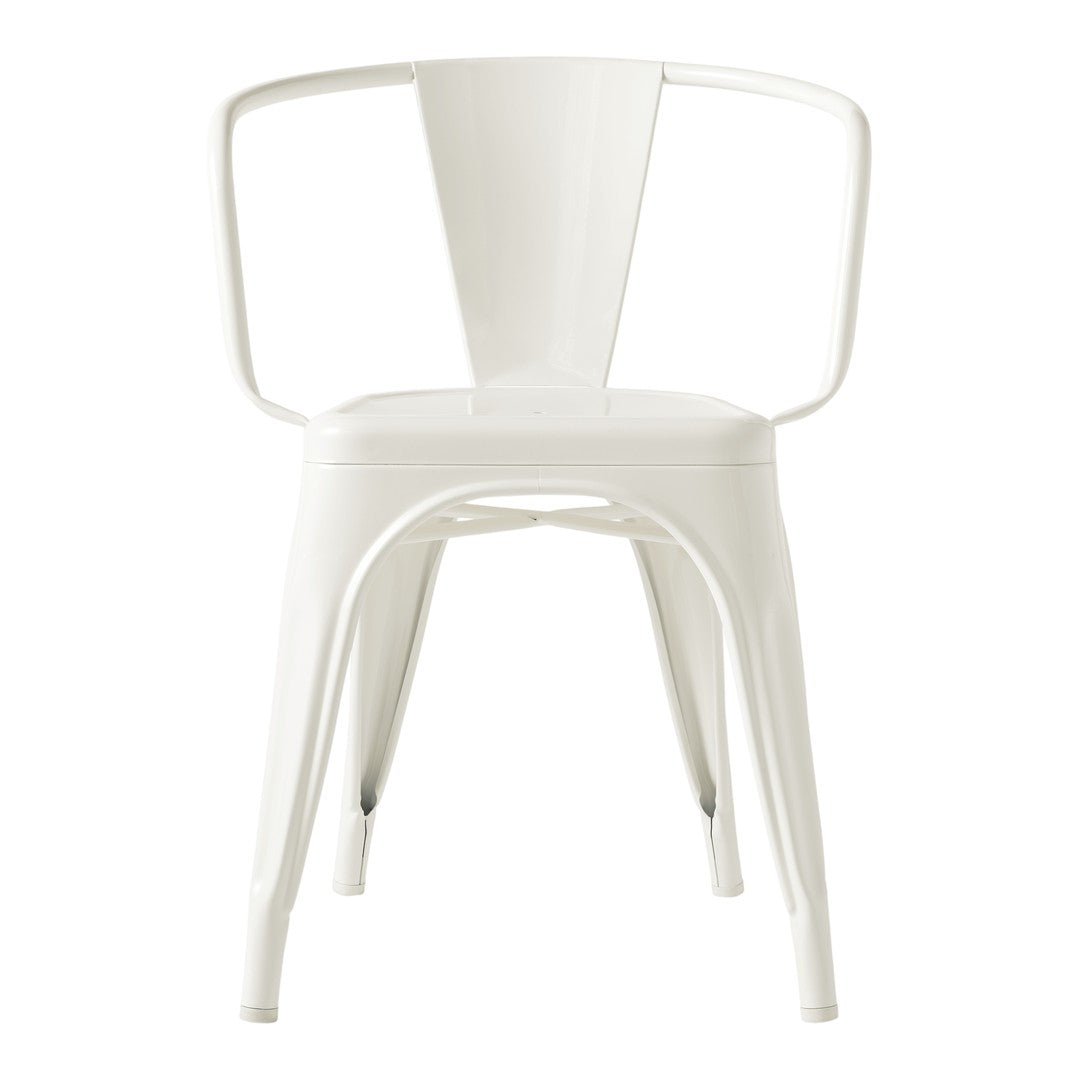 White metal chair with a modern design and smooth finish, featuring minimalistic lines and no patterns.