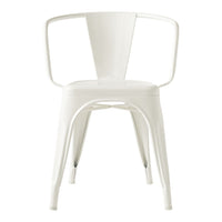White metal chair with a modern design and smooth finish, featuring minimalistic lines and no patterns.